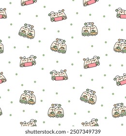 Cute tea bags friends forever. Seamless pattern. Funny couple sachet cartoon characters. Hand drawn style. Vector drawing. Design ornaments.