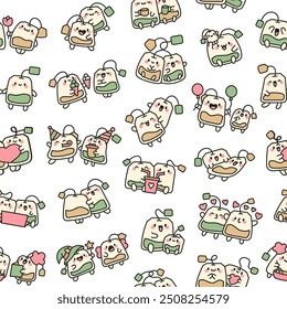 Cute tea bags friends forever. Seamless pattern. Funny couple sachet cartoon characters. Hand drawn style. Vector drawing. Design ornaments.