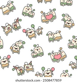 Cute tea bags friends forever. Seamless pattern. Funny couple sachet cartoon characters. Hand drawn style. Vector drawing. Design ornaments.