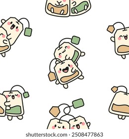 Cute tea bags friends forever. Seamless pattern. Funny couple sachet cartoon characters. Hand drawn style. Vector drawing. Design ornaments.