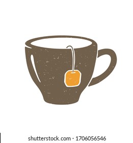 Cute сup of tea. Brown mug with tea bag isolated on a transparent background. Vector shabby hand drawn illustration