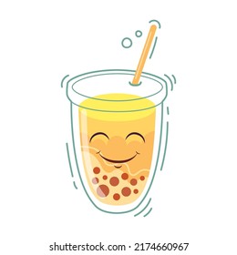 Cute tea cartoon character vector illustration. Comic plastic cup with smiling face, Taiwanese milk drinks with boba balls or tapioca on white