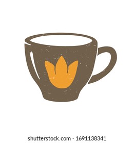 Cute tea or coffee cup. Brown cup with orange flower on a transparent background. Vector shabby hand drawn illustration