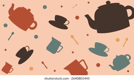 Cute tea and coffee cups, teapots, and colorful spoons scattered on peach background. Great for cafe menus, bakery visuals, and tea branding.