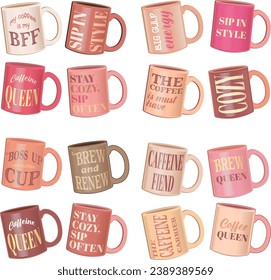 Cute tea, coffee mug with funny quote collection. Pastel color drink cup with inspiration typographic puns for coffee lovers, isolated design elements for coffeeshop decoration and shop advertising