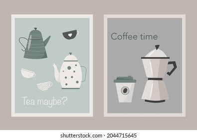 Cute tea and coffee poster cards wallpapers banners template design set in pastel colors. 2 cards of cute and fun minimalism kitchen interior decor for coffee and tea lovers. Vector illustration.