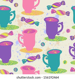 Cute tea and coffee seamless pattern with cups and candy. Wallpaper in vector.
