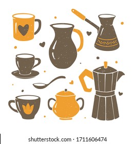 Cute tea and coffee set isolated on a transparent background. Cups, sugar bowl, jug, spoon, geyser coffee maker and cezve. Vector shabby hand drawn illustration