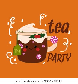 Cute tea cup cartoon illustration with pun quote “Tea party” for card design