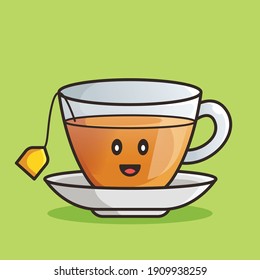 Cute Tea Cup Mascot Character Icon Illustration. Beverage Isolated Vector. Flat Cartoon Style