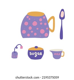 Cute tea cup with a spoon, sugar jar, milk jug and tea bag. English style tea time. Flat vector illustration.