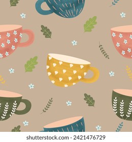 taza de té lindo acuarela mano trazar fondo de patrón transparente ilustración vectorial