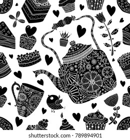 Cute tea and cupcakes. Seamless pattern.
