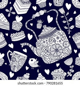 Cute tea and cupcakes. Seamless pattern.