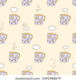 Cute tea cups doodle seamless pattern. Vector ceramic tea mugs. Vintage style print for wrapping paper, fabric, textile.