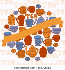 Cute tea cups, pot and cakes arranged in a shape of the circle. Tea time poster. Ribbon for text. Template for card