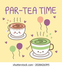 Cute tea cups with quote "Par-tea time", hearts and colorful balloons on pastel yellow background. Dessert pun for card design in happy concept