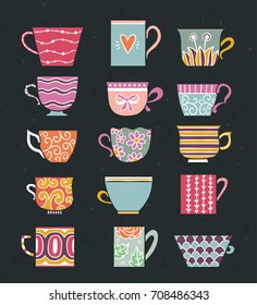 Cute tea cups set. Tea time illustrations: cups and mugs for tea and coffee on dark background