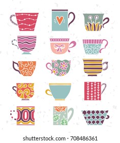 Cute tea cups set. Tea time illustrations: cups and mugs for tea and coffee