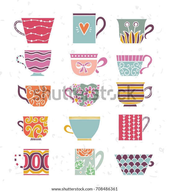 Cute Tea Cups Set Tea Time Stock Vector (Royalty Free) 708486361