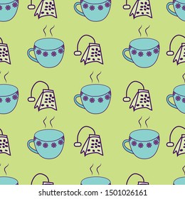 Cute tea cups and teabags  geometrically aligned on a light green background.  Perfect for tea party invitation , web background , textile and home decor projects.