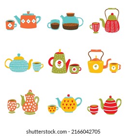 Cute tea cups and teapots vector icons set