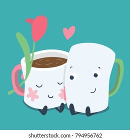 Cute tea cups valentines day vector illustration/ greetings card love