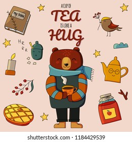 
Cute tea design concept with a bear, kettle, coffee mug, cake and decorative elements.
Text "A cup of tea is like a hug" Cartoon doodle style in vector.