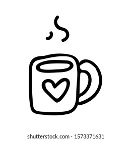 Cute Tea Mug Lineart Cartoon Vector Illustration. Hand Drawn Hot Drink Element Clip Art for Kitchen Concept. Breakfast Graphic, Monochrome Drink and Crockery Web Button Doodle Motif. 