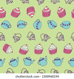 Cute tea party  elements geometrically aligned on a light green background .   .Perfect for tea party invitation , web background , textile and home decor projects .