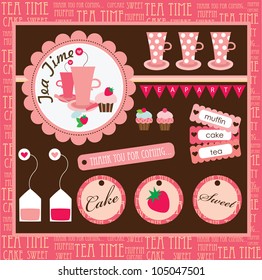 cute tea party scrap collection. vector illustration