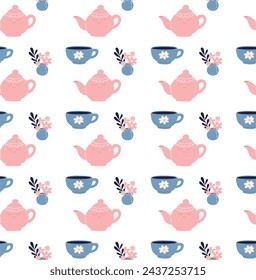 Cute tea party seamless pattern with cups, teapots, flowers and butterflies. Vector illustration.hand drawn beauty products