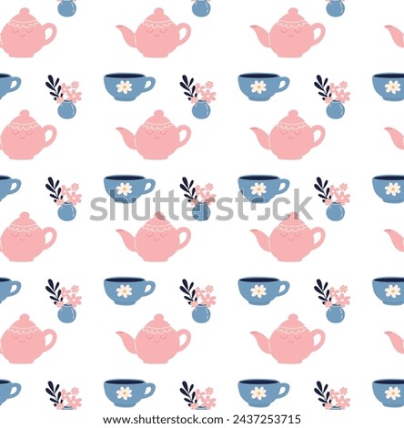 Cute tea party seamless pattern with cups, teapots, flowers and butterflies. Vector illustration.hand drawn beauty products