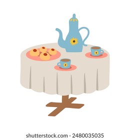 Cute tea party table setting vector illustration. Ceramic teapot, cups and plate with cookies served on cozy round dining table with tablecloth. Home breakfast, afternoon tea in simple vintage style