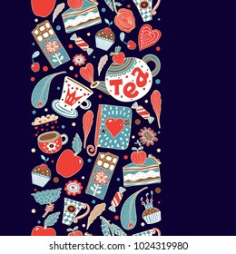 Cute tea party. Vertical seamless pattern.