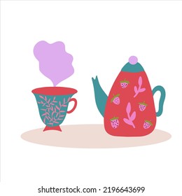 Té tierno con un té. Colores alegres y luminosos. Ilustración vectorial plana para los amantes del té. 