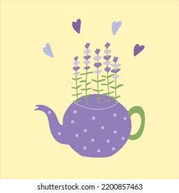 Cute Tea Pot With Lavender Blossom. Illustration Of Lavender Tea For Stress Relief. Flat Vector Illustration.