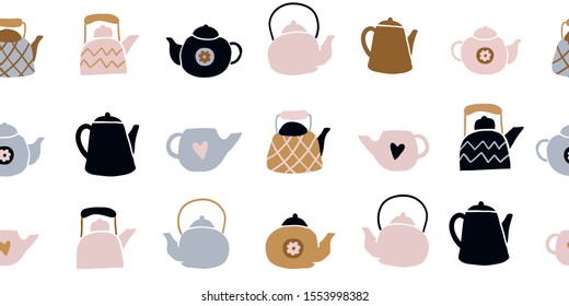 Cute tea pots seamless pattern on white background. Vector hand drawn doodle illustration. Autumn and winter mood. Colorful scandinavian style textile design. Cozy kitchen fabric, textile design