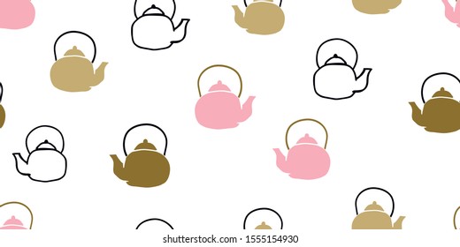 Cute tea pots seamless pattern on white background. Vector hand drawn doodle illustration. Autumn and winter mood. Colorful scandinavian style textile design. Cozy kitchen fabric, textile design