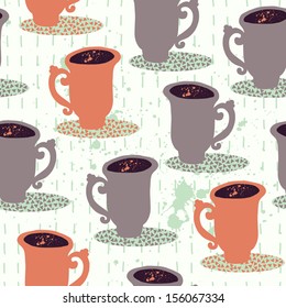 Cute tea seamless pattern with cups. Wallpaper in vector.