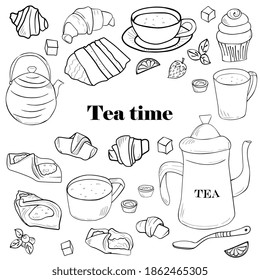Cute tea set, doodle style  with tea pot, cup, muffins, croissants, cookies and cake.  tea time print design for menus, packaging, wrappers