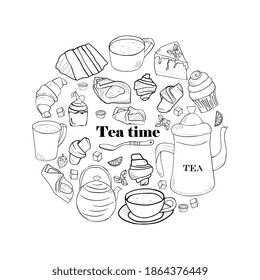 Cute tea set, doodle style  with tea pot, cup, muffins, croissants, cookies and cake.  tea time print design for menus, packaging, wrappers