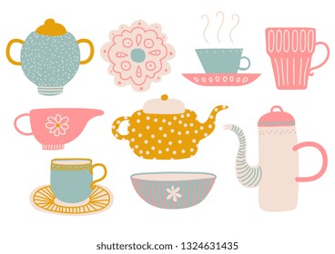 Cute Tea Set, Tea Party Elements with Teapot, Teacup, Saucer, Jug Milk and Napkin Vector Illustration