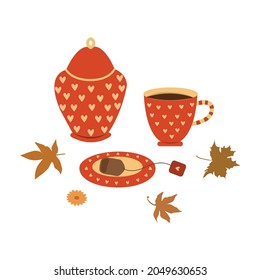 Equipo de té, fiesta de té. Tasa roja de cerámica, platillo con bolsita de té, tazón de azúcar. Humor otoñal. Ilustración al estilo de dibujos animados planos