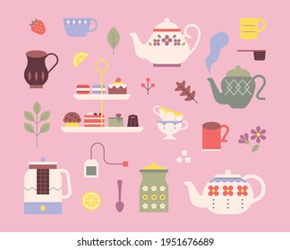 Cute tea set. Retro patterned teapots and sweet desserts. flat design style minimal vector illustration.