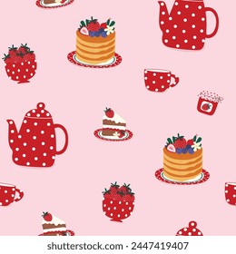 cute tea set with strawberry cake hand drawn seamless pattern vector illustration for invitation greeting birthday party celebration wedding card poster banner textile wallpaper paper wrap background