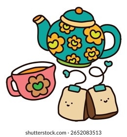 Nettes Teeservice mit Teekanne, Tasse und Teebeutel - bunte handgezeichnete Clipart