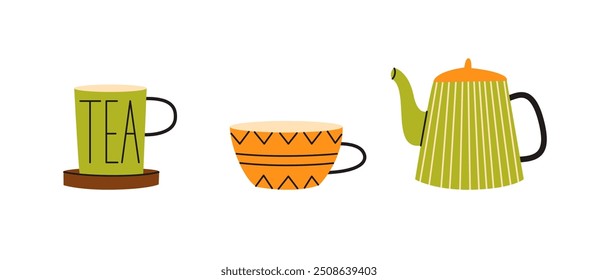 Lindo juego de té. Tetera y tazas. Ilustración vectorial plana dibujada a mano para otoño y otoño aislados sobre un fondo blanco. Colecciones acogedoras