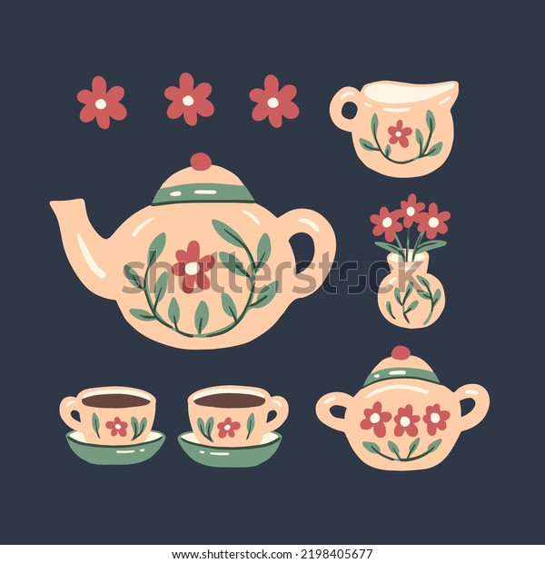 Cute Tea Set Vector Illustration Shabby Stock Vector (Royalty Free ...
