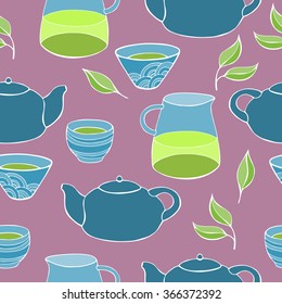 Cute tea set. Vector seamless pattern. - Shutterstock ID 366372392
